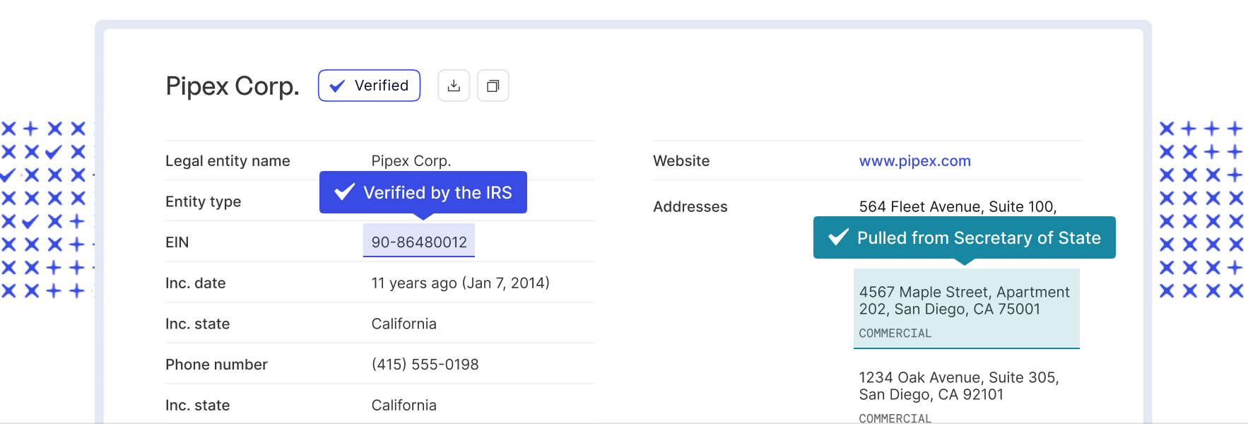 business search results, with highlights of where data was pulled from
