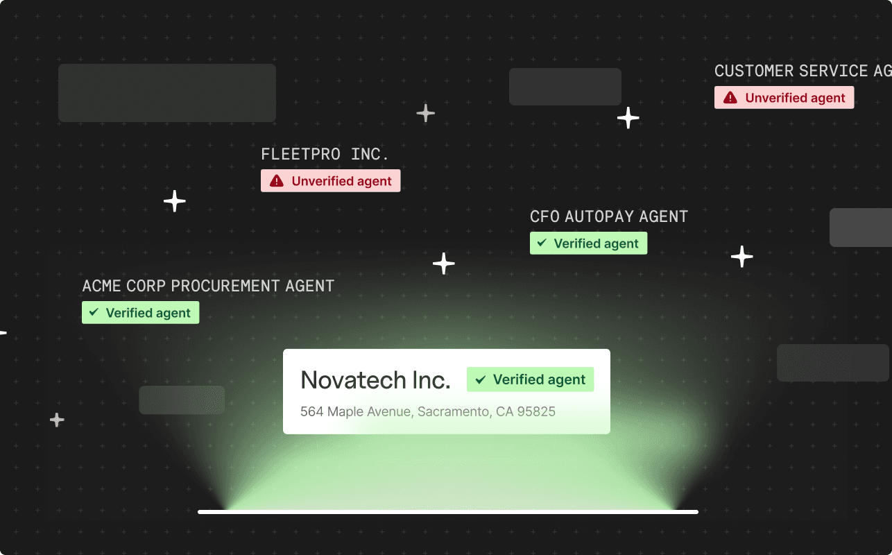 AI agent verification graphic highlighting Novatech Inc. as verified, alongside verified procurement and autopay agents and unverified business and customer service agents.