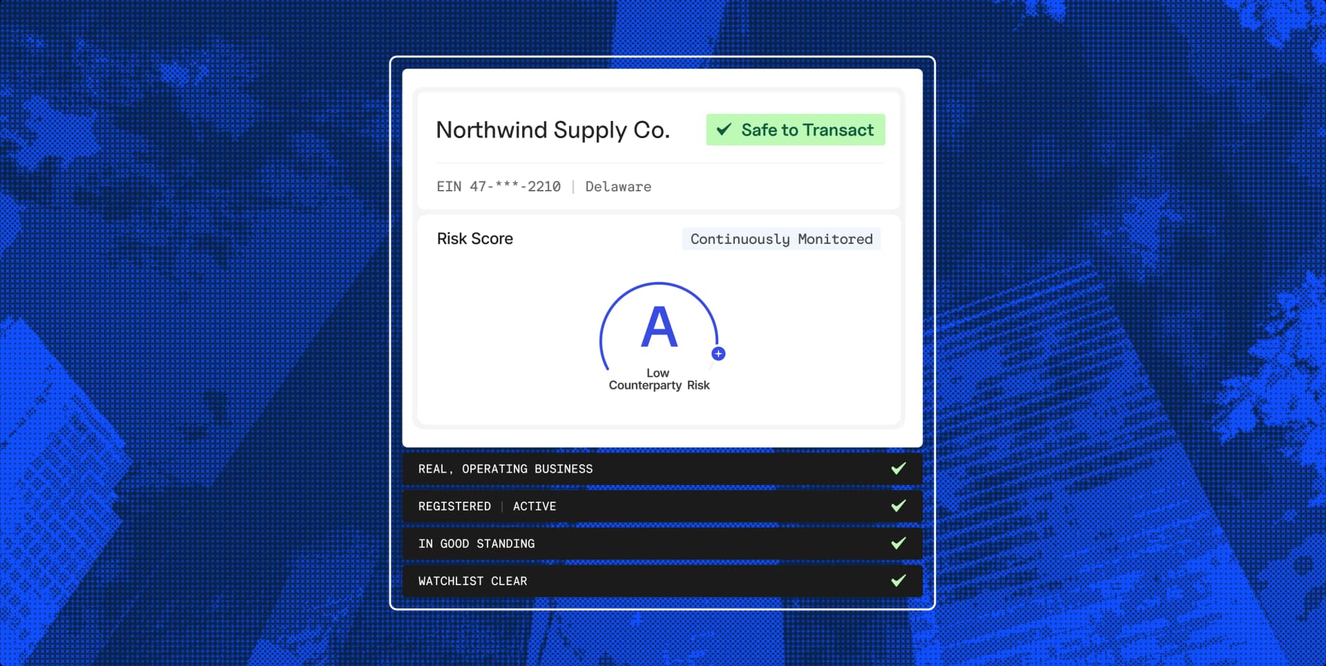 Business verification dashboard for Northwind Supply Co., showing an A risk score, low counterparty risk, active registration, good standing, and clear watchlist status.