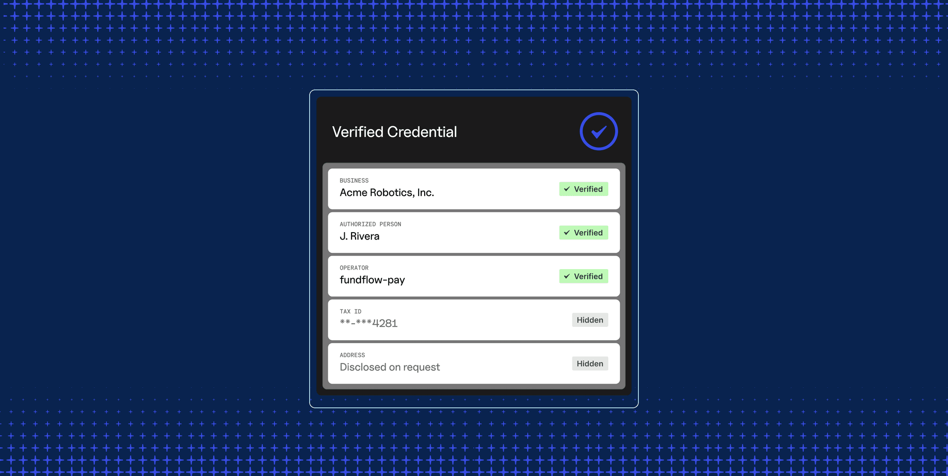 Verified business credential for Acme Robotics, Inc., showing verified business, authorized person, and operator details, with tax ID and address hidden.