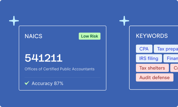 Business classification showing NAICS code 541211 for certified public accountants, low risk, 87% accuracy, and keyword risk indicators.