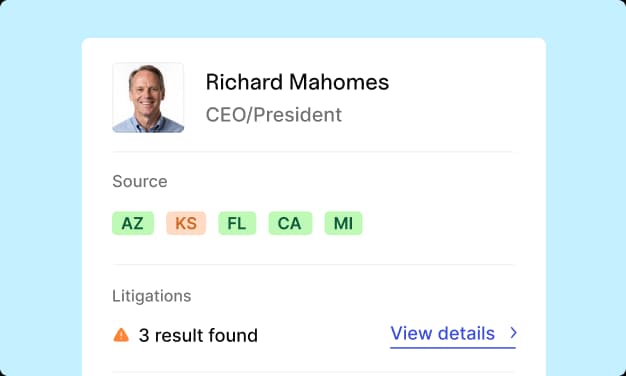 Business executive profile for Richard Mahomes, CEO/President, showing sources from five states and three litigation results.