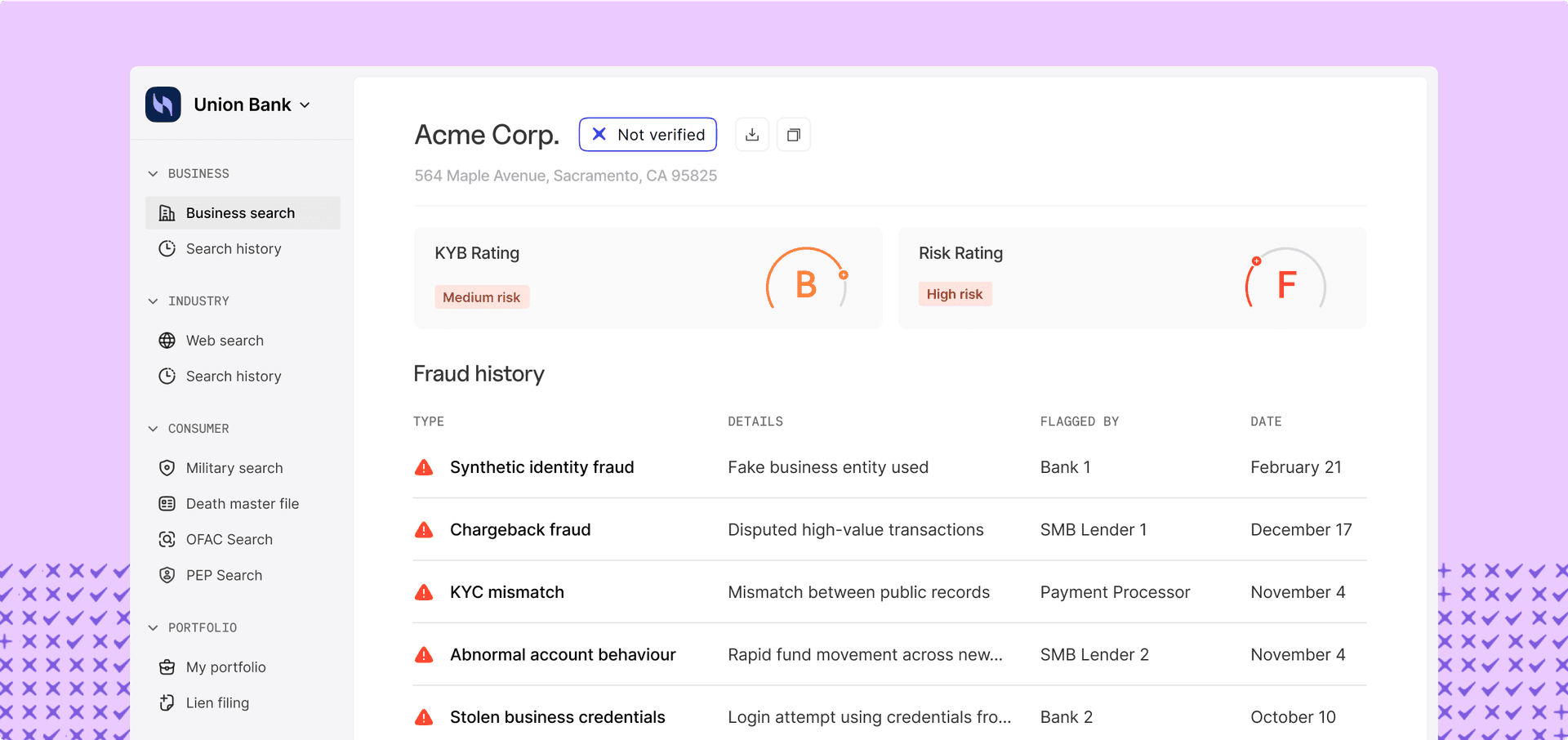 results from a business search displayed on baselayer dashboard
