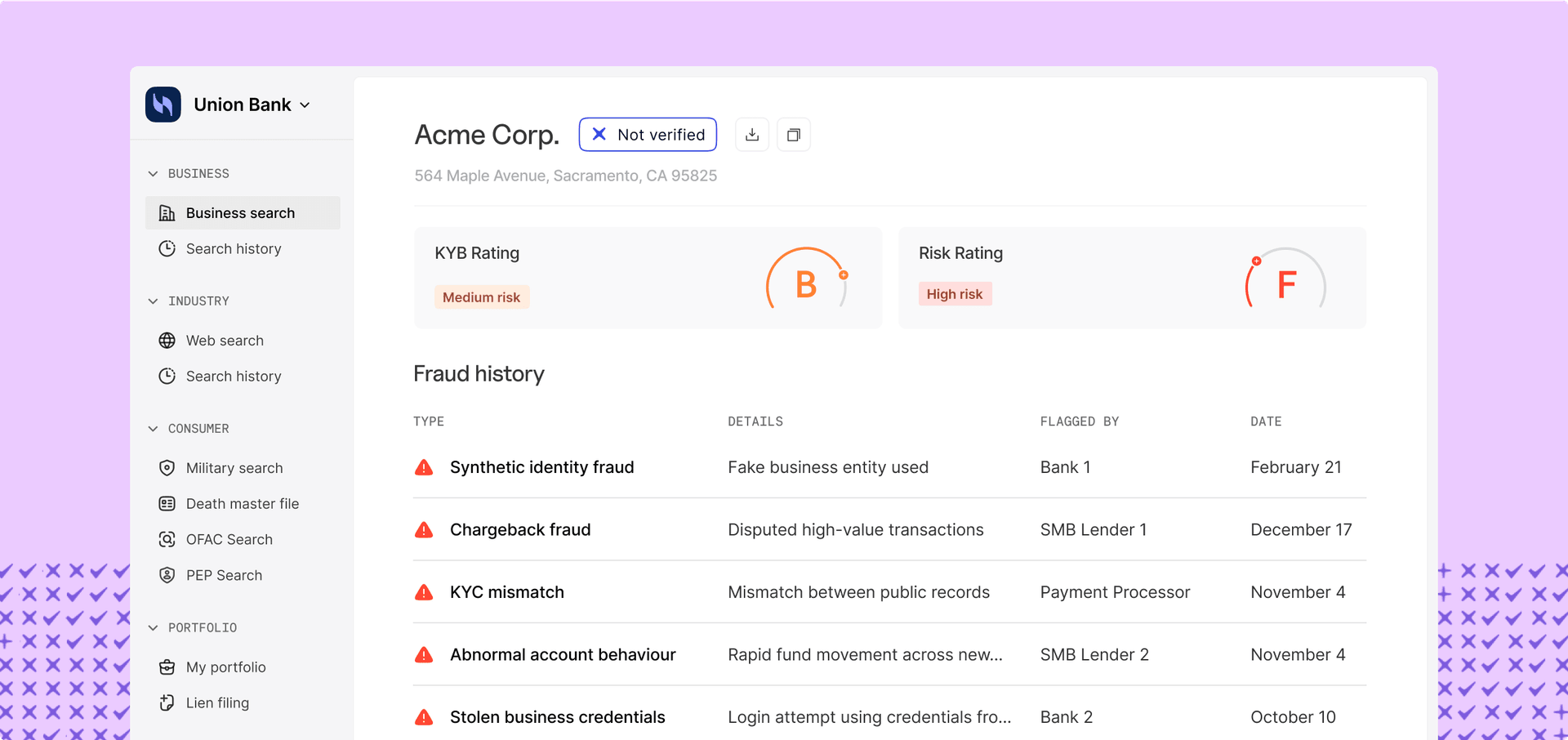 results from a business search displayed on baselayer dashboard