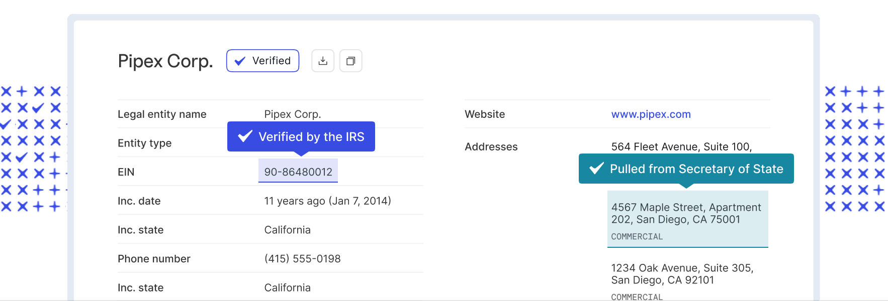 business search results, with highlights of where data was pulled from
