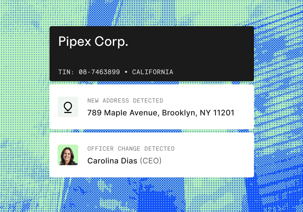results of a business check showing a new address detected and officer name