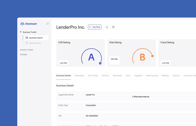 example results of a business search in baselayer UI dashboard