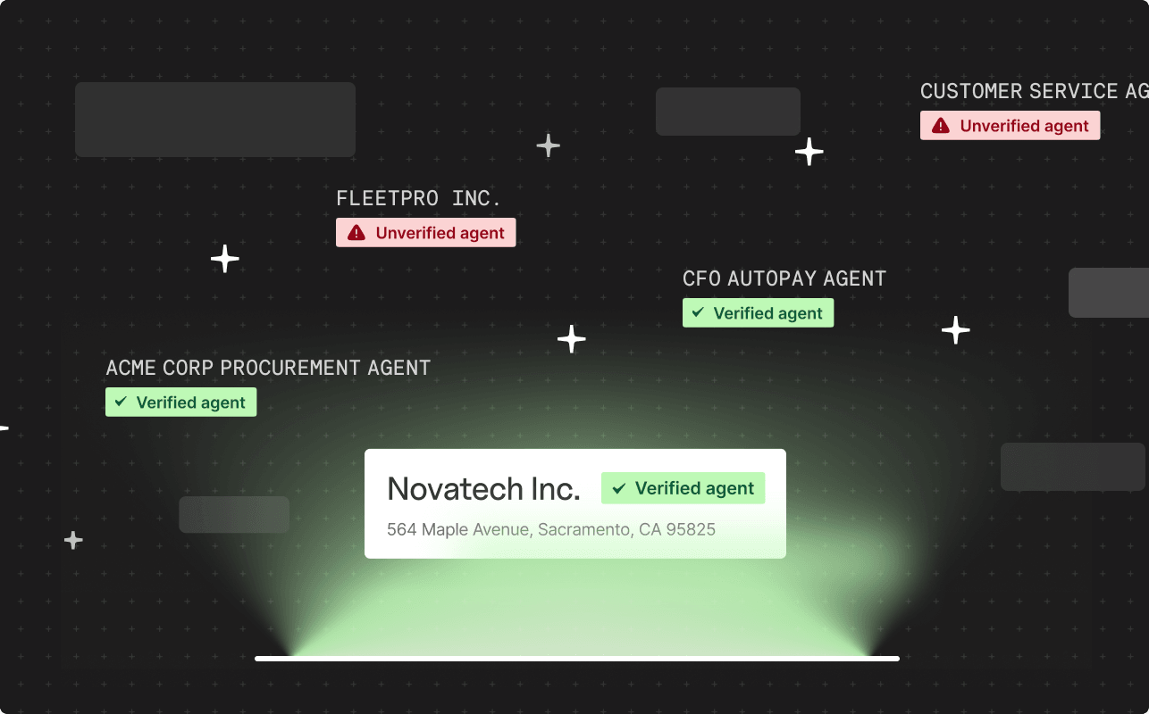 AI agent verification graphic highlighting Novatech Inc. as verified, alongside verified procurement and autopay agents and unverified business and customer service agents.