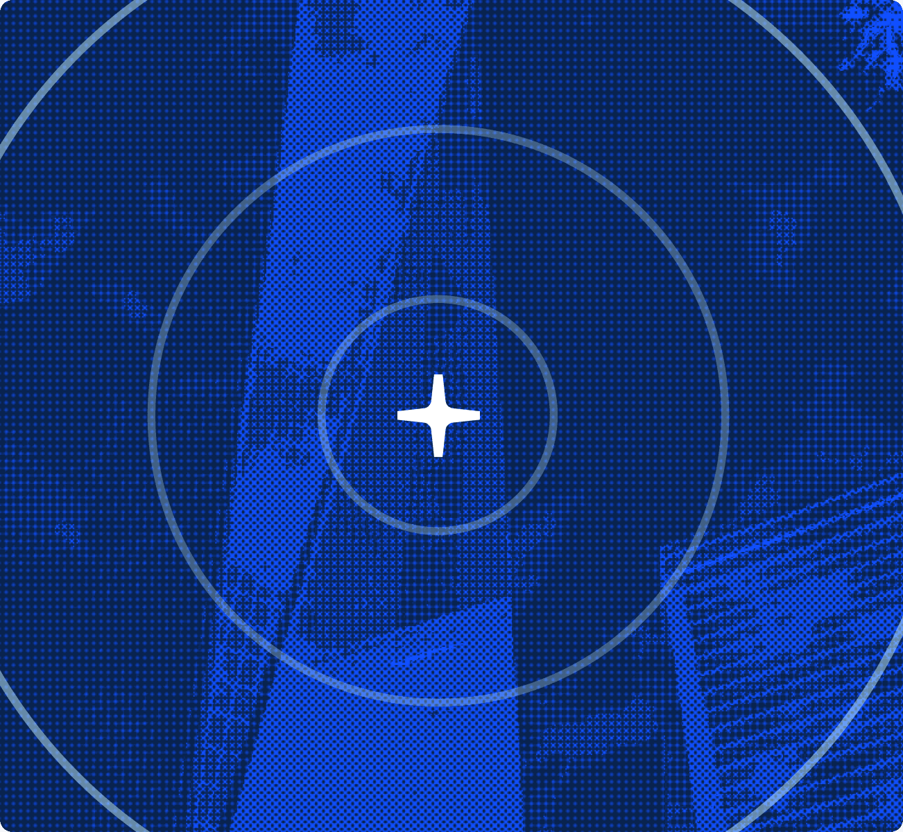 White four-point star surrounded by three concentric rings over a blue halftone image of skyscrapers, suggesting a signal radiating across a city.