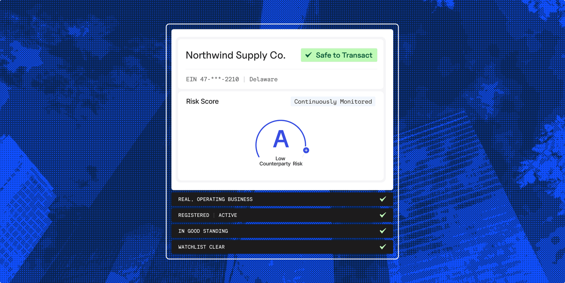 Business verification dashboard for Northwind Supply Co., showing an A risk score, low counterparty risk, active registration, good standing, and clear watchlist status.