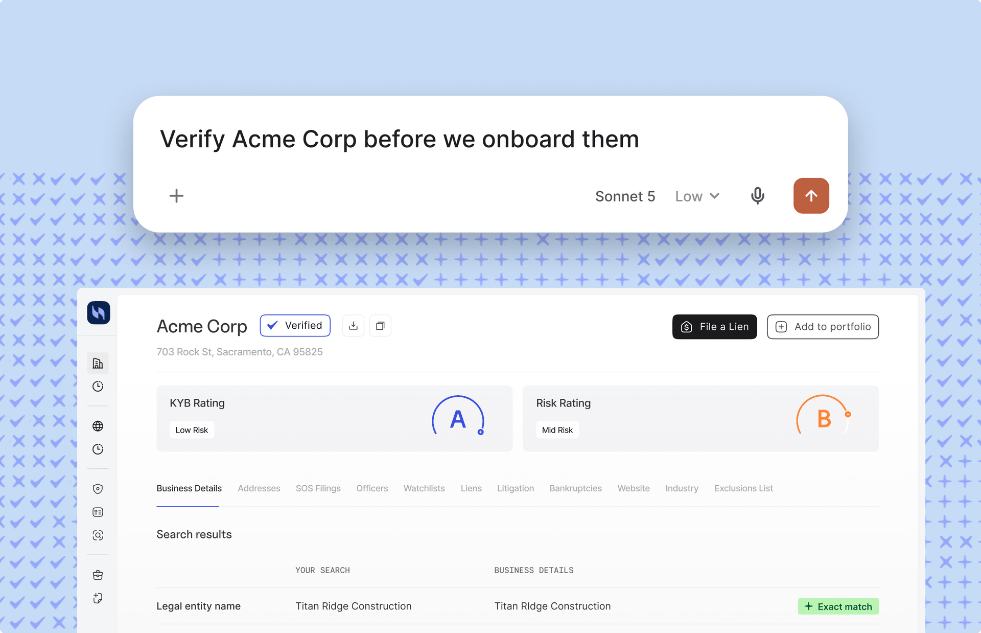 AI-assisted business verification dashboard showing Acme Corp’s verified status, KYB rating and risk assessment before onboarding.