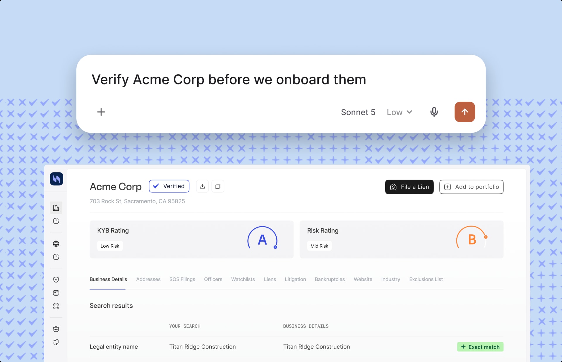 An AI agent asked to verify Acme Corp before onboarding, returning a verified Baselayer business profile with a KYB rating of A for low risk and a risk rating of B for mid risk.