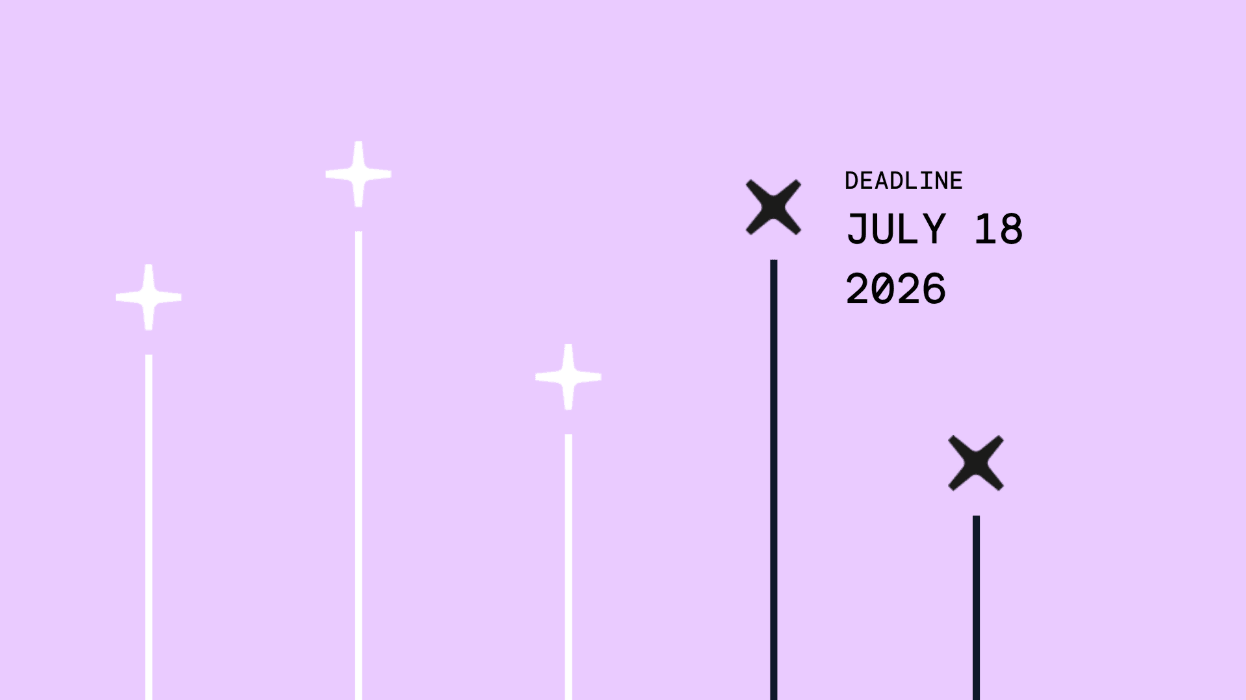 A pink background with a timeline showing a white line graph until a deadline of July 18, 2026 where the white lines turn to black lines with crosses on.