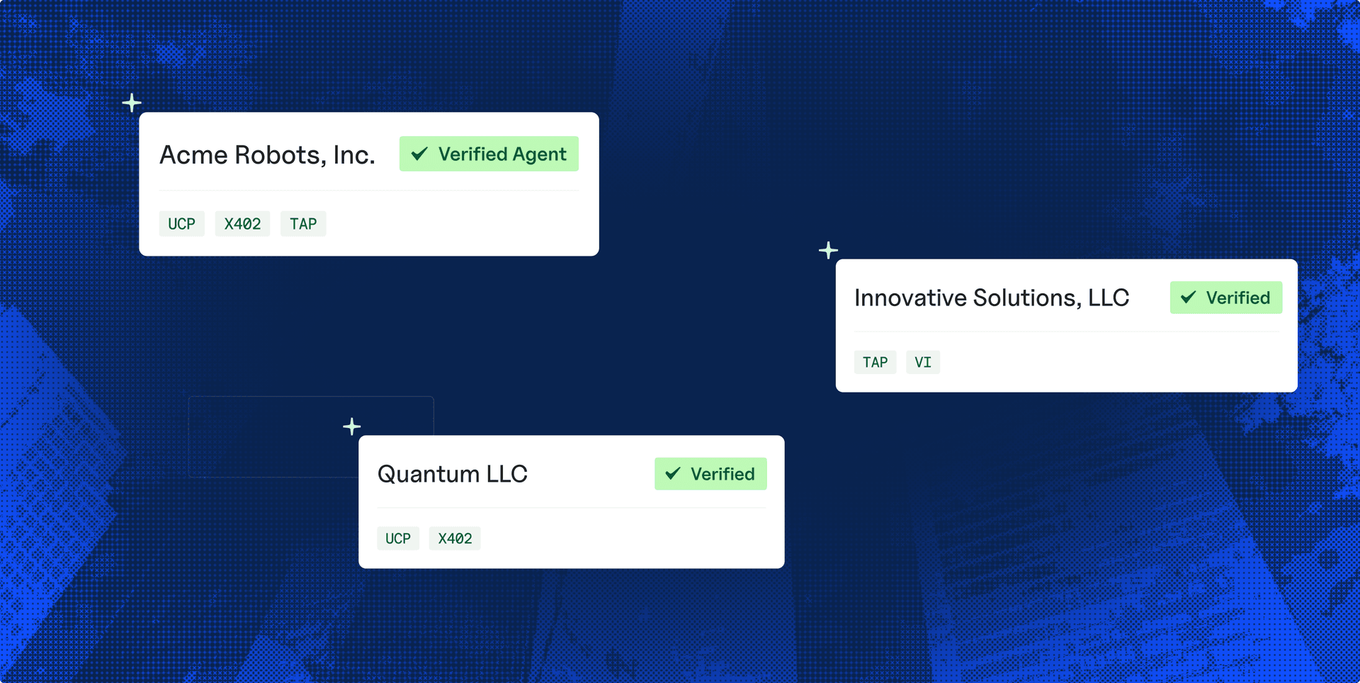Business profile cards displaying verified agent badges and UCP, X402, TAP, and VI protocol labels.